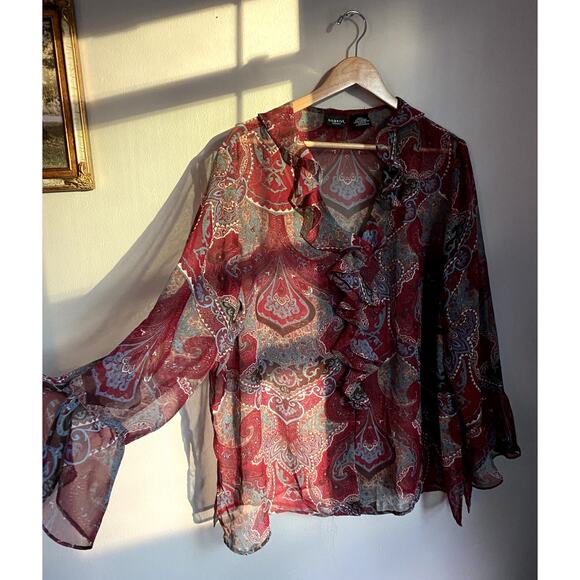 Y2K Paisley Sheer Red Flowy Ruffle Blouse 22 Boho Fairycore Whimsygoth Flutter - Picture 1 of 4